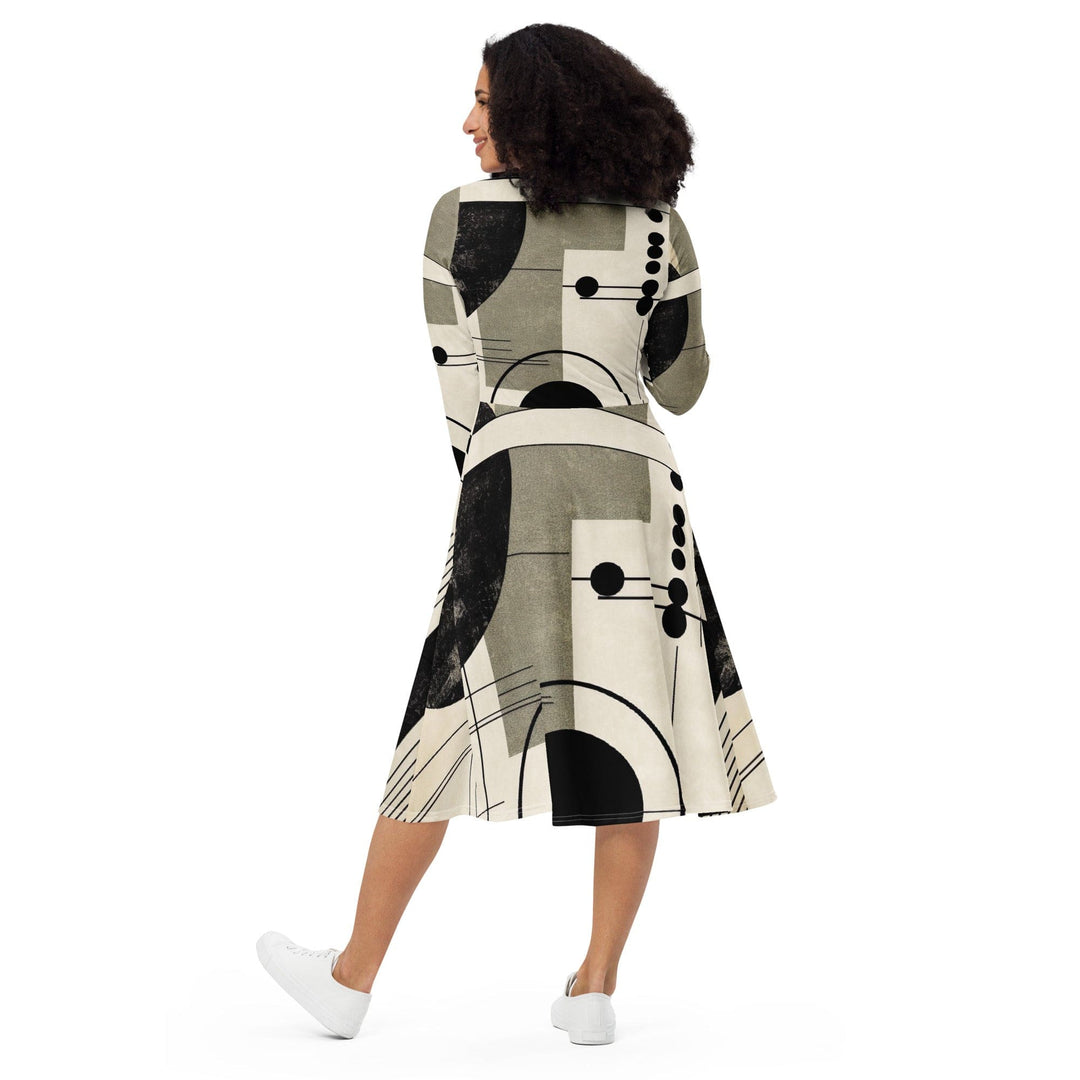 Womens Long Sleeve Midi Dress Abstract Black Beige Brown Geometric - Womens