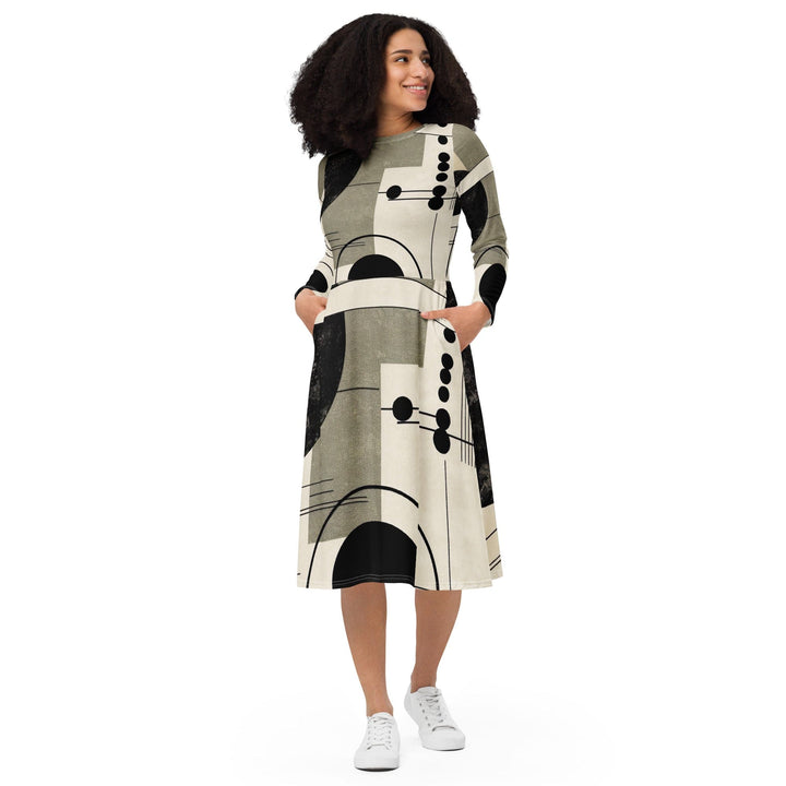 Womens Long Sleeve Midi Dress Abstract Black Beige Brown Geometric - Womens