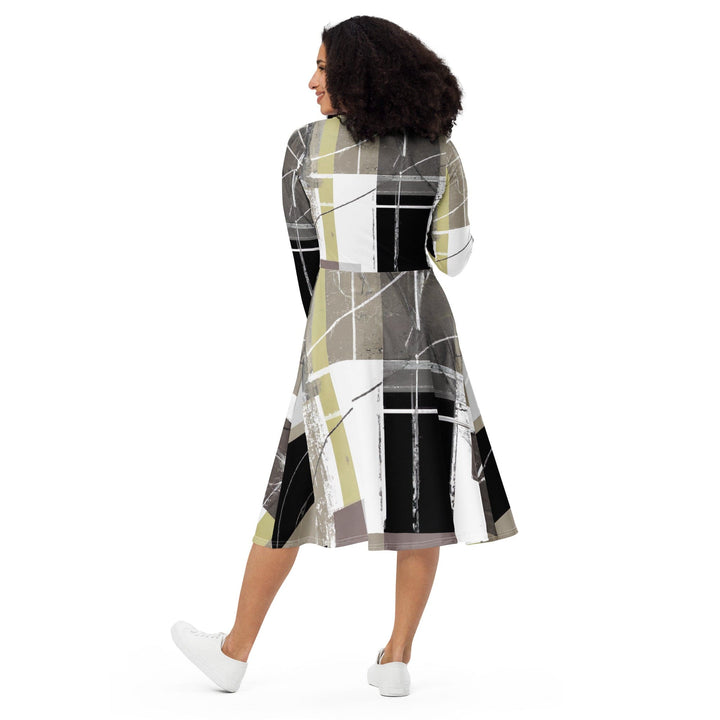 Womens Long Sleeve Midi Dress Abstract Brown Geometric Shapes - Womens