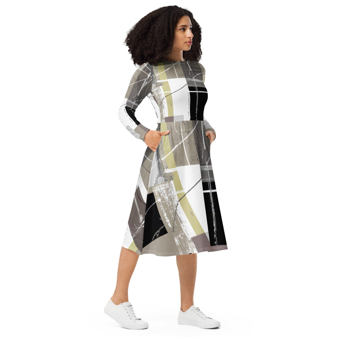 Womens Long Sleeve Midi Dress Abstract Brown Geometric Shapes - Womens