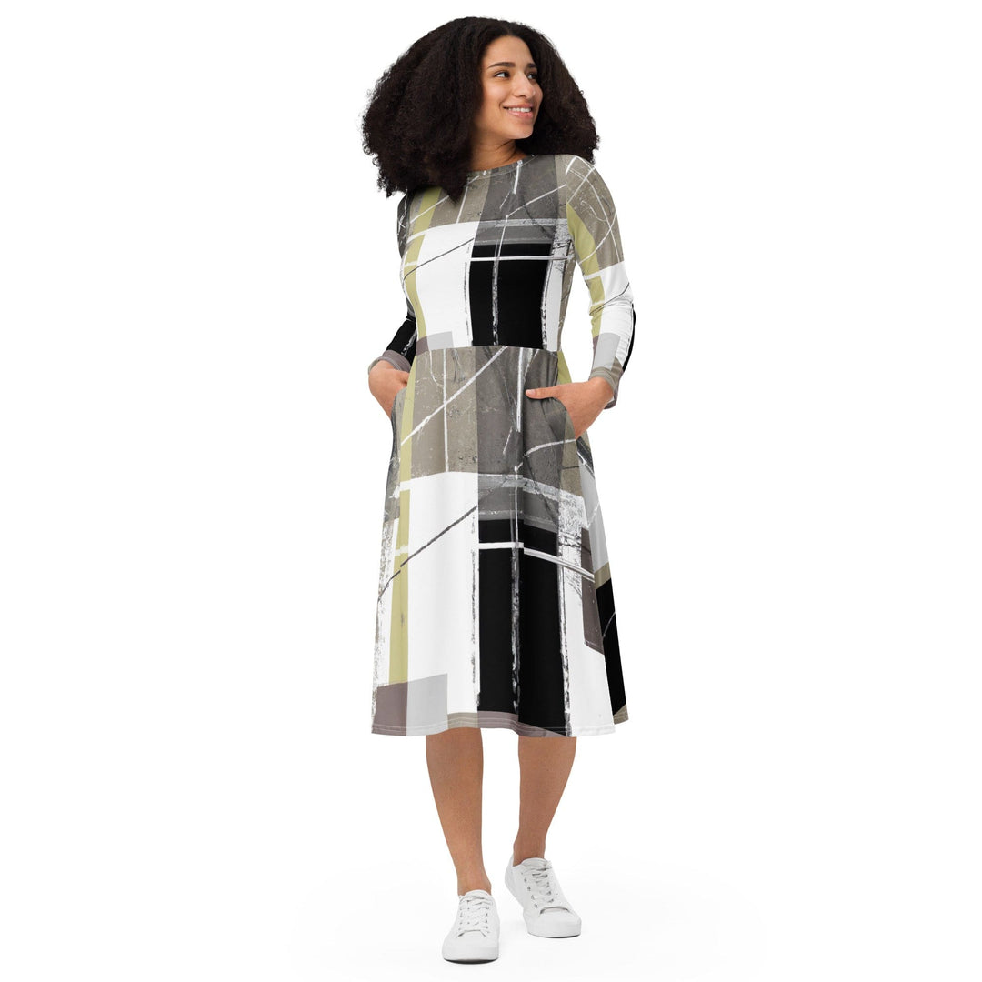 Womens Long Sleeve Midi Dress Abstract Brown Geometric Shapes - Womens