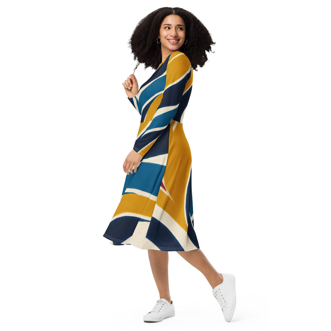 Womens Long Sleeve Midi Dress Abstract Multicolor Swirl Line Pattern - Womens