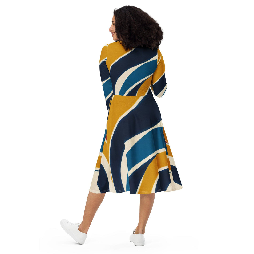 Womens Long Sleeve Midi Dress Abstract Multicolor Swirl Line Pattern - Womens