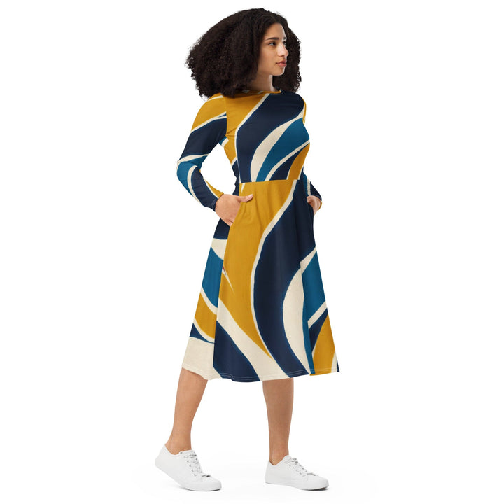 Womens Long Sleeve Midi Dress Abstract Multicolor Swirl Line Pattern - Womens