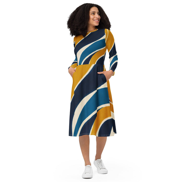 Womens Long Sleeve Midi Dress Abstract Multicolor Swirl Line Pattern - Womens