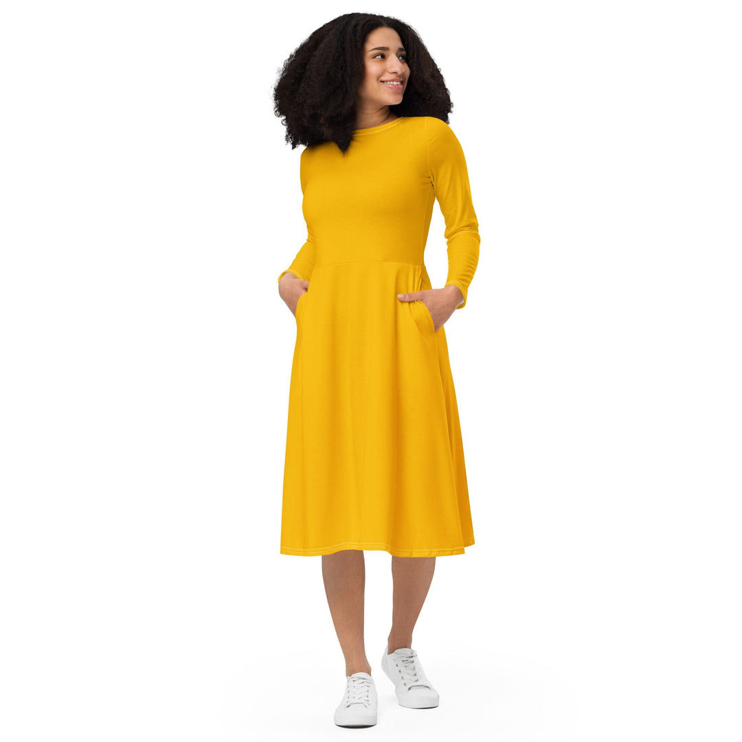 Womens Long Sleeve Midi Dress Golden Yellow - Womens | Dresses | MIDI | AOP