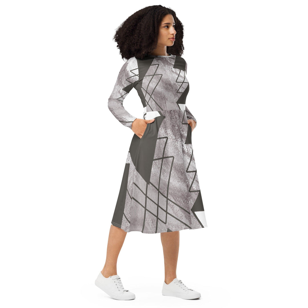 Womens Long Sleeve Midi Dress Ash Grey and White Triangular - Womens | Dresses