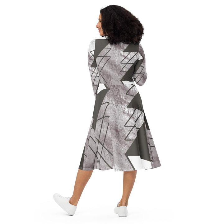 Womens Long Sleeve Midi Dress Ash Grey and White Triangular - Womens | Dresses