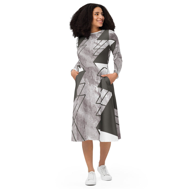 Womens Long Sleeve Midi Dress Ash Grey and White Triangular - Womens | Dresses