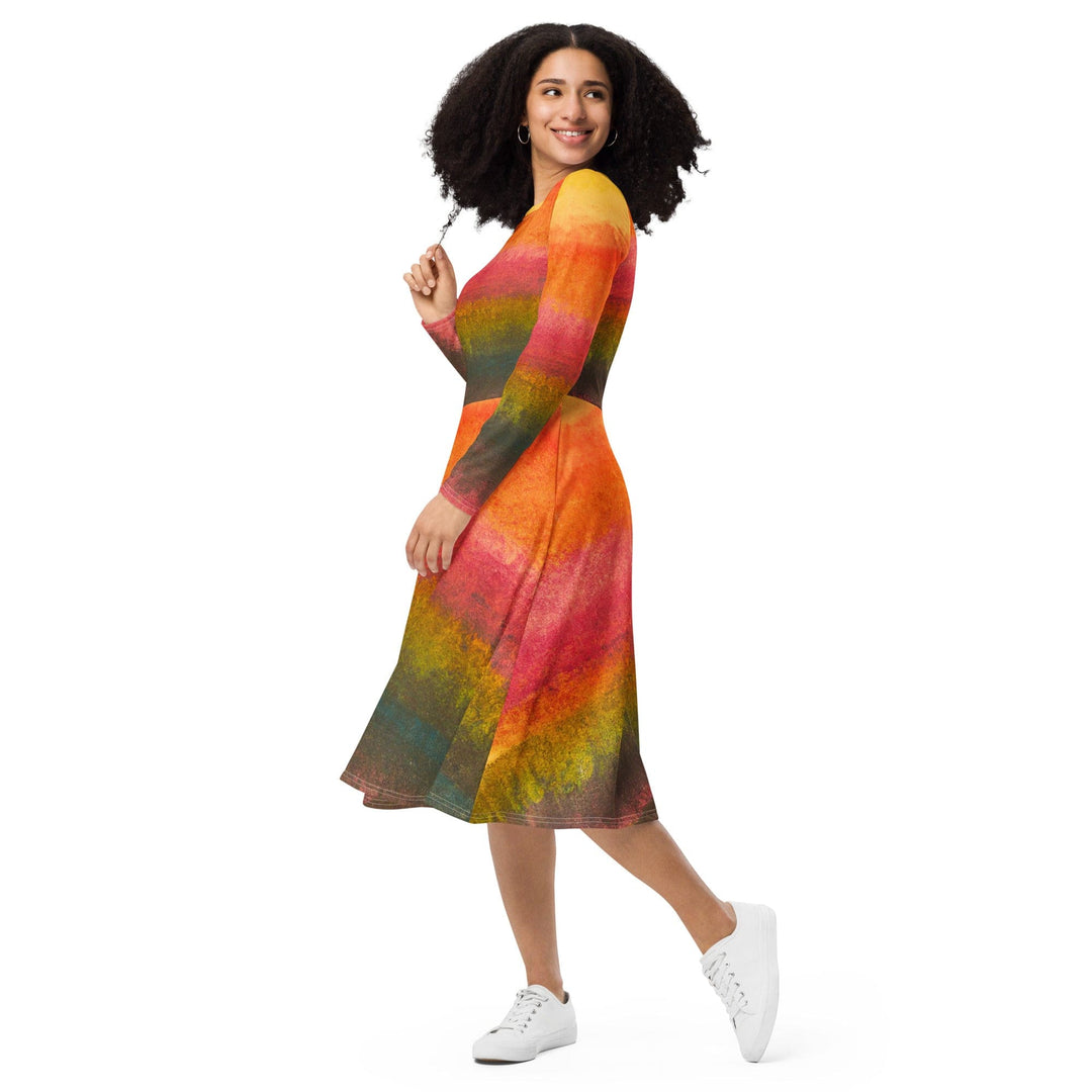 Womens Long Sleeve Midi Dress - Autumn Fall Watercolor Abstract Print