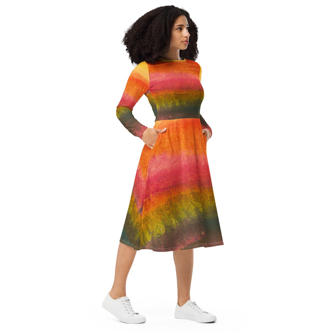 Womens Long Sleeve Midi Dress - Autumn Fall Watercolor Abstract Print