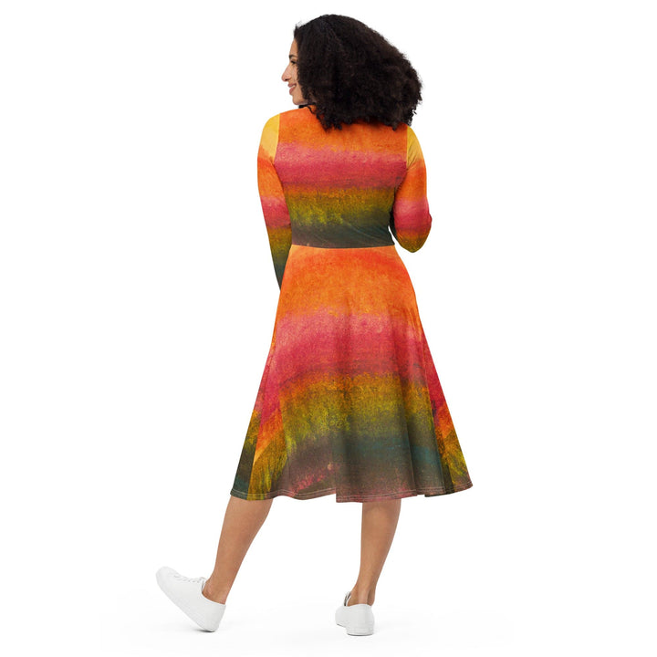 Womens Long Sleeve Midi Dress - Autumn Fall Watercolor Abstract Print