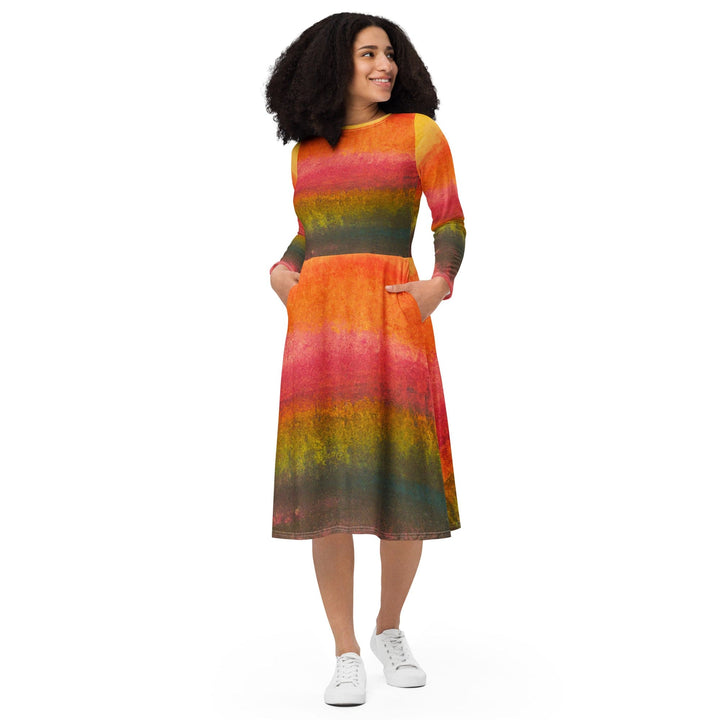 Womens Long Sleeve Midi Dress - Autumn Fall Watercolor Abstract Print