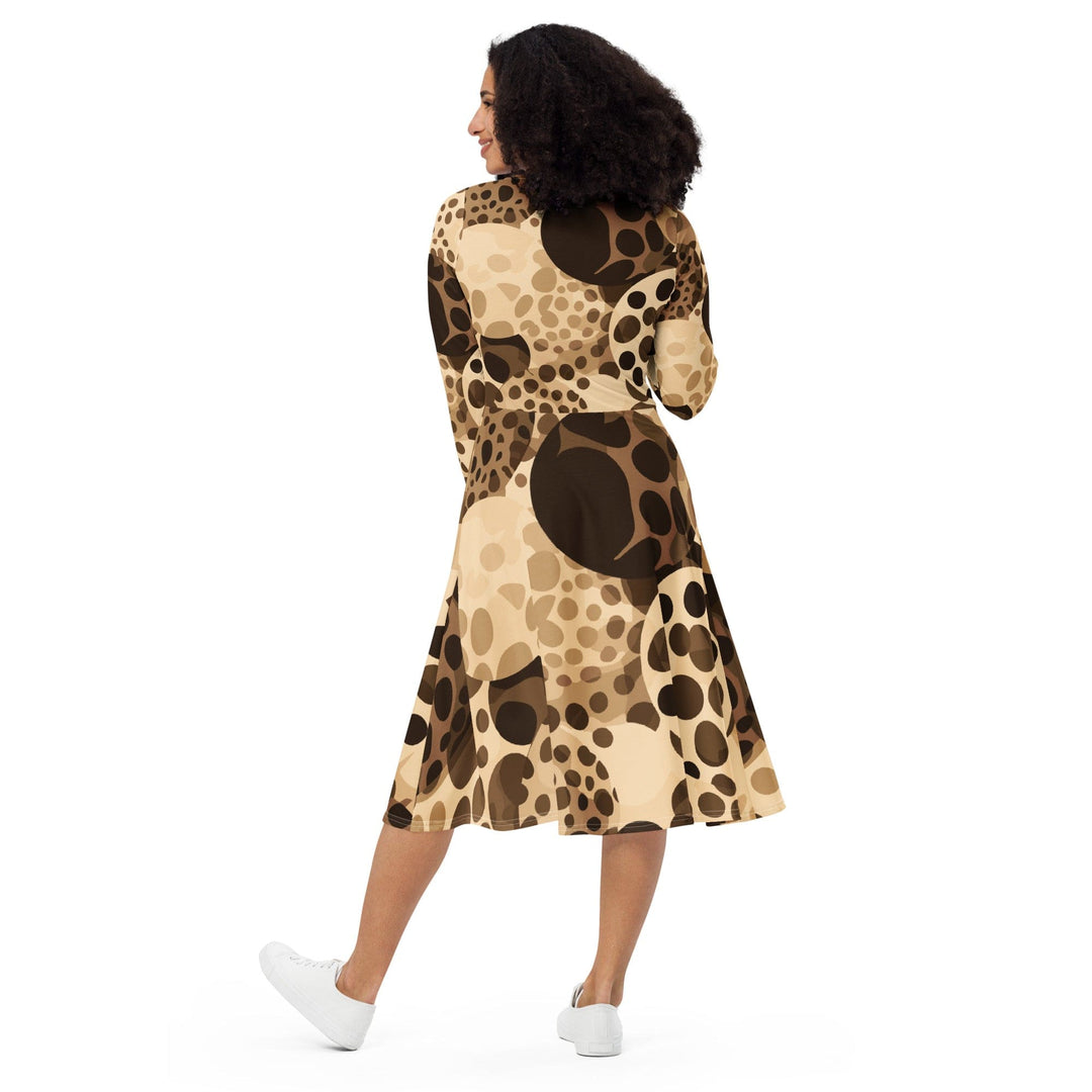 Womens Long Sleeve Midi Dress Beige Brown Spotted Print - Womens | Dresses