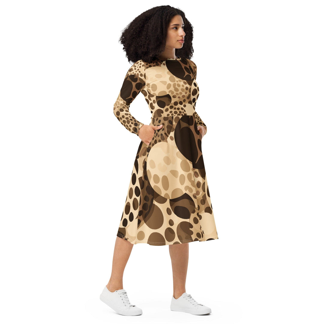 Womens Long Sleeve Midi Dress Beige Brown Spotted Print - Womens | Dresses