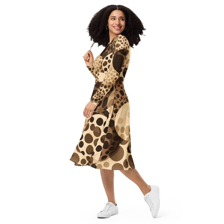 Womens Long Sleeve Midi Dress Beige Brown Spotted Print - Womens | Dresses