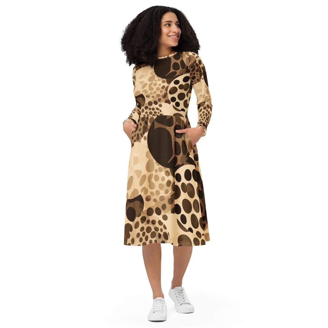 Womens Long Sleeve Midi Dress Beige Brown Spotted Print - Womens | Dresses