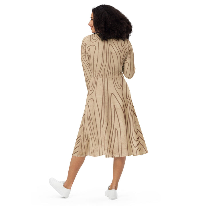 Womens Long Sleeve Midi Dress Beige Brown Tree Sketch Lines - Womens | Dresses