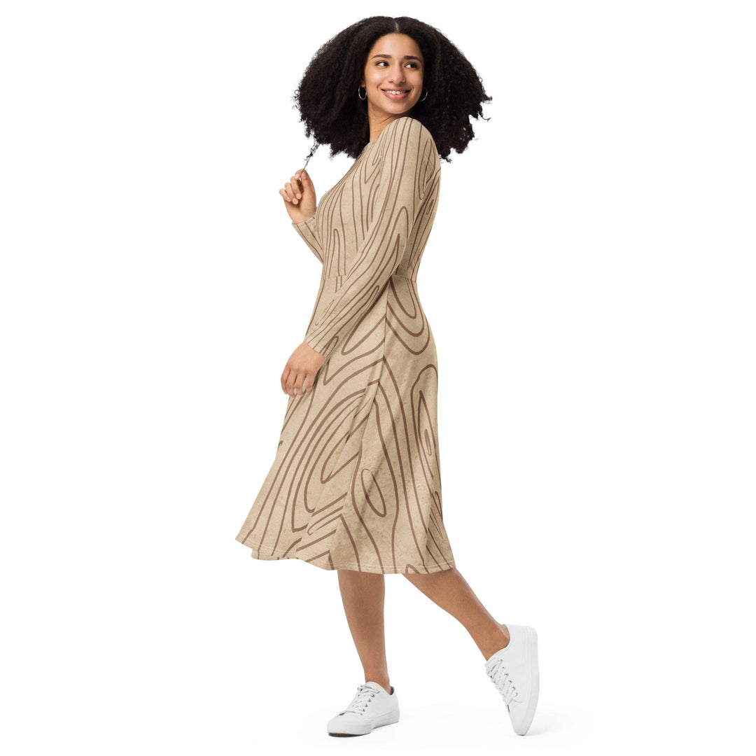 Womens Long Sleeve Midi Dress Beige Brown Tree Sketch Lines - Womens | Dresses