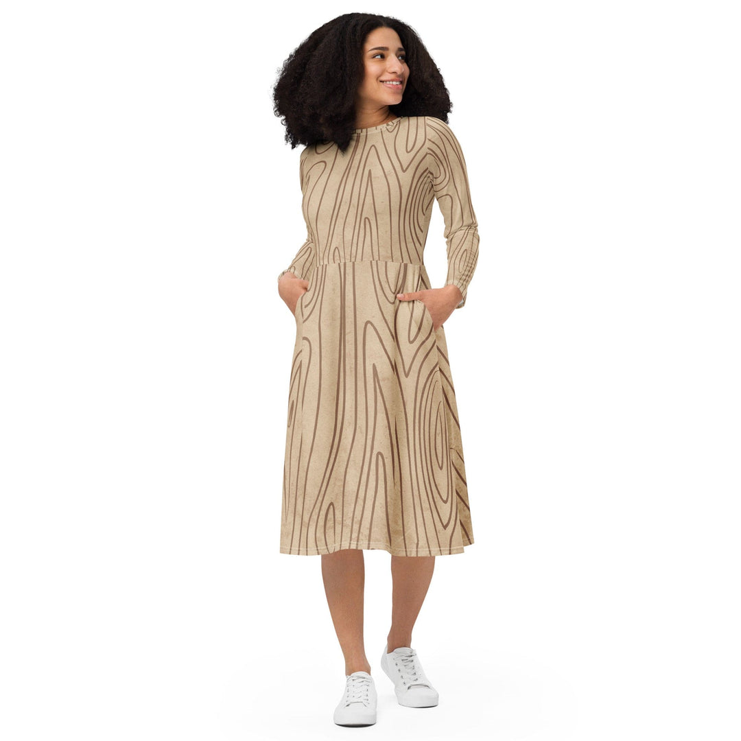 Womens Long Sleeve Midi Dress Beige Brown Tree Sketch Lines - Womens | Dresses