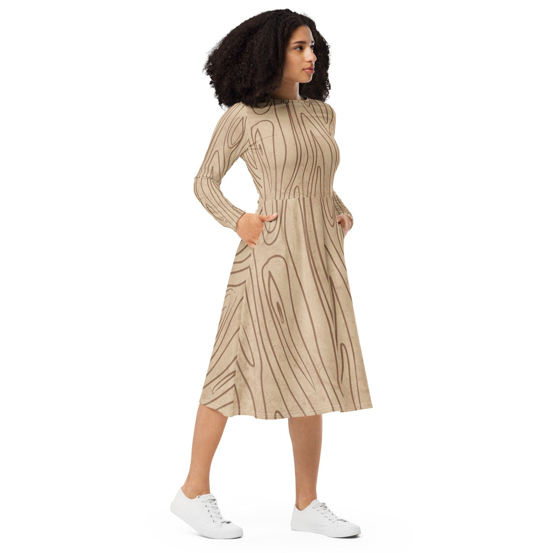 Womens Long Sleeve Midi Dress Beige Brown Tree Sketch Lines - Womens | Dresses