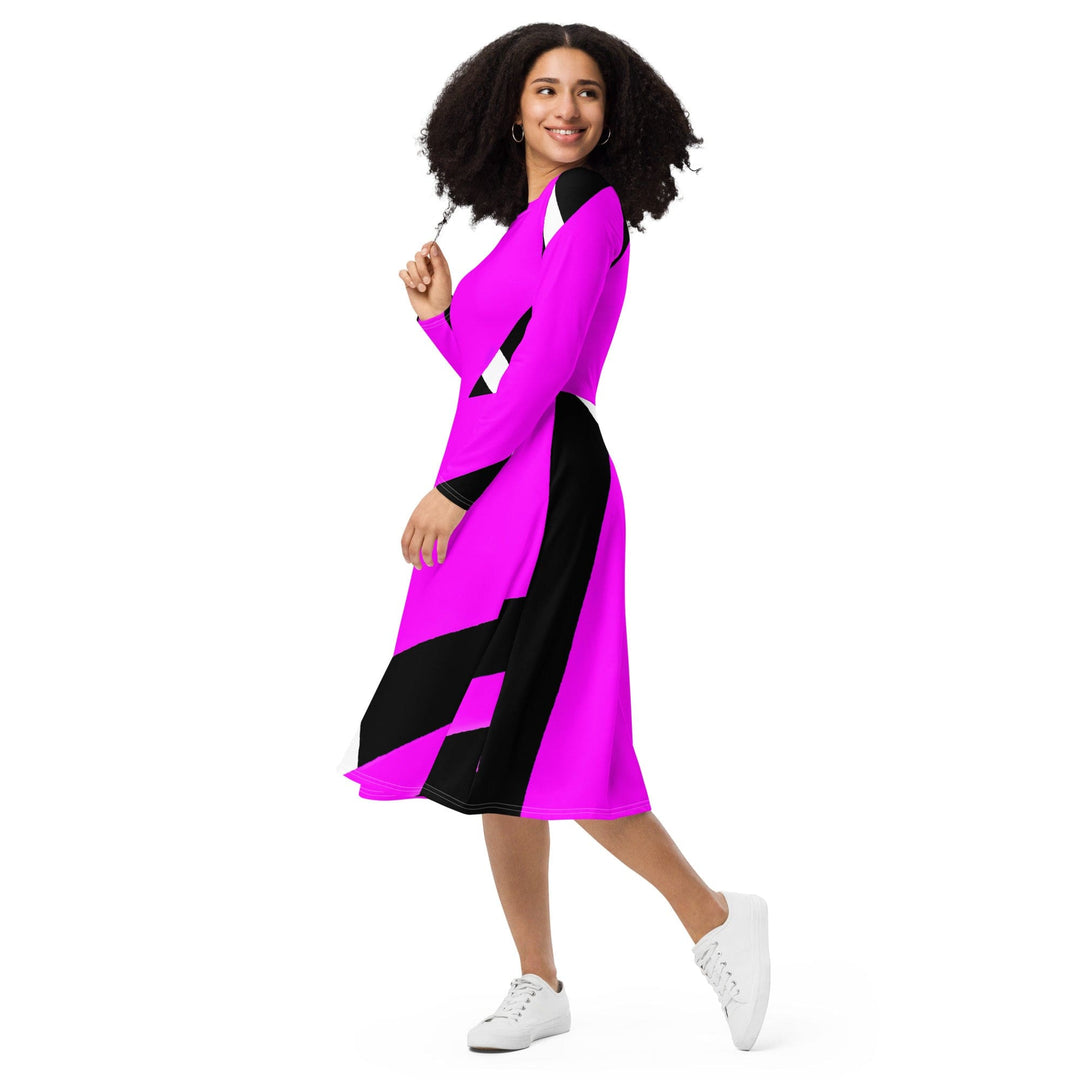 Womens Long Sleeve Midi Dress Black and Pink Pattern 2 - Womens | Dresses