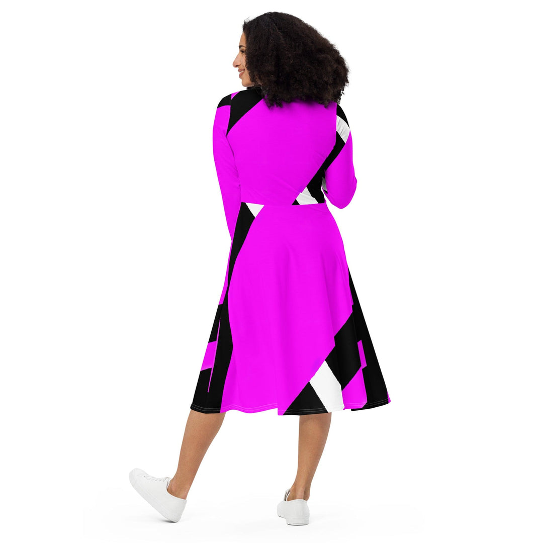 Womens Long Sleeve Midi Dress Black and Pink Pattern 2 - Womens | Dresses