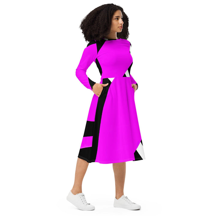 Womens Long Sleeve Midi Dress Black and Pink Pattern 2 - Womens | Dresses