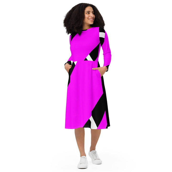 Womens Long Sleeve Midi Dress Black and Pink Pattern 2 - Womens | Dresses