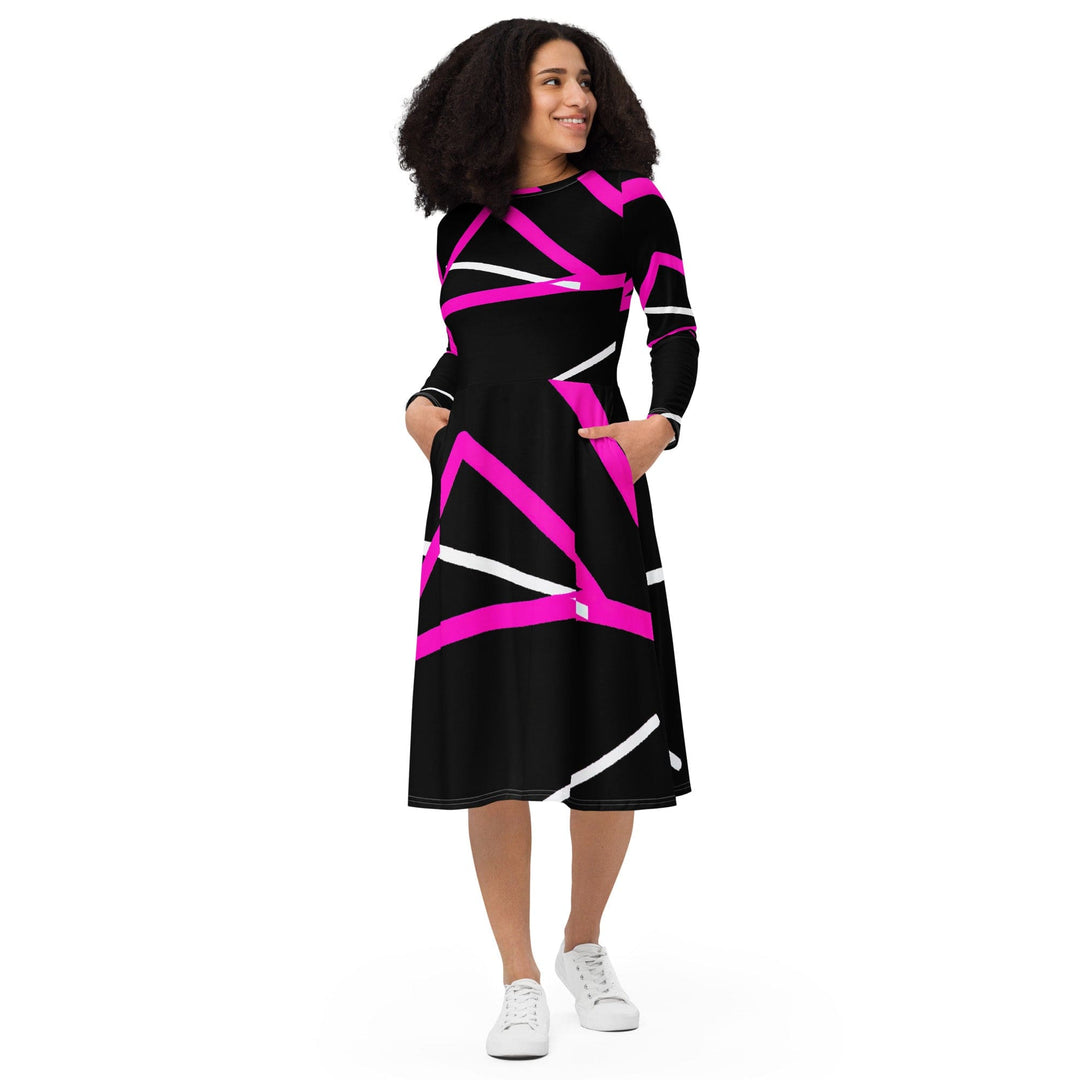Womens Long Sleeve Midi Dress - Black and Pink Pattern - Womens/Dresses/MIDI/AOP