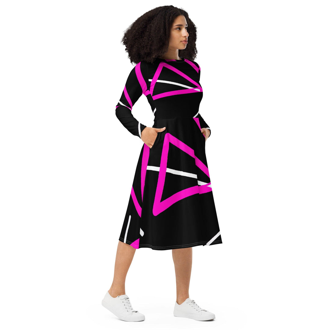 Womens Long Sleeve Midi Dress - Black and Pink Pattern - Womens/Dresses/MIDI/AOP