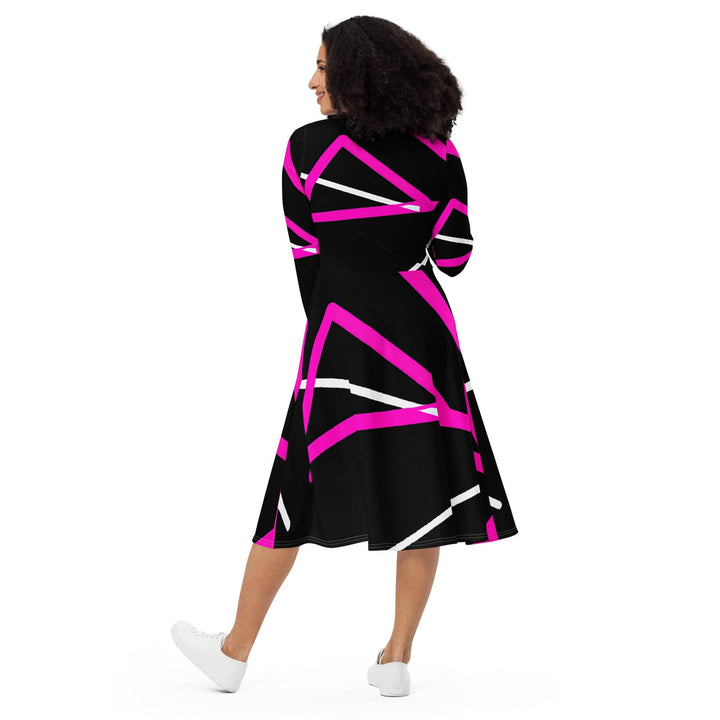 Womens Long Sleeve Midi Dress - Black and Pink Pattern - Womens/Dresses/MIDI/AOP