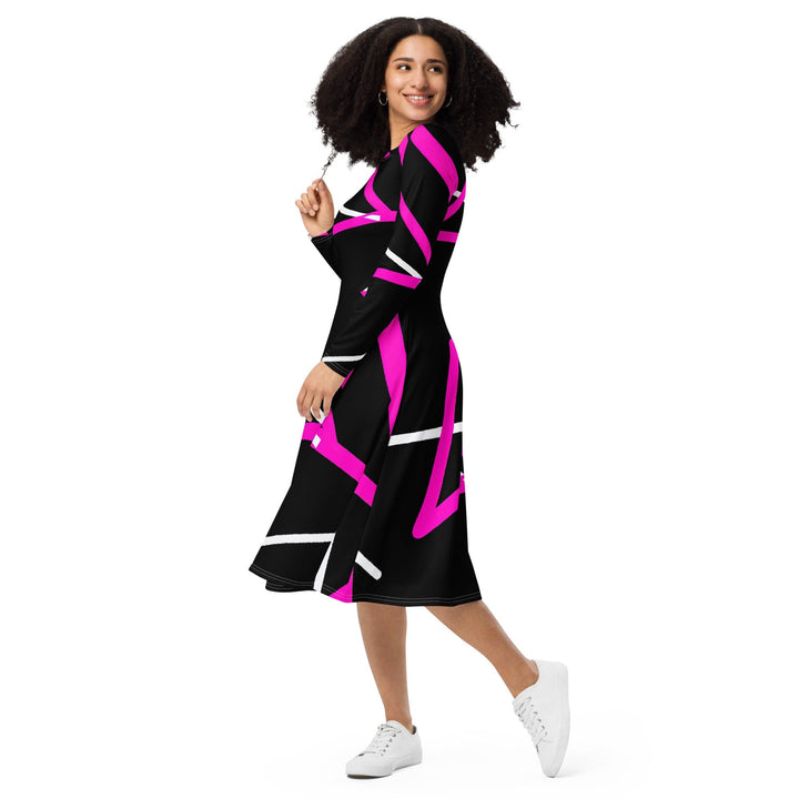 Womens Long Sleeve Midi Dress - Black and Pink Pattern - Womens/Dresses/MIDI/AOP