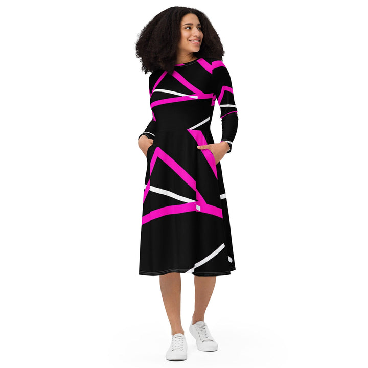 Womens Long Sleeve Midi Dress - Black and Pink Pattern - Womens/Dresses/MIDI/AOP