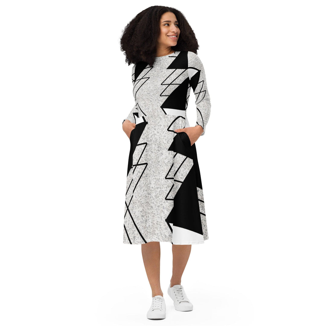 Womens Long Sleeve Midi Dress Black and White Ash Grey Triangular - Womens