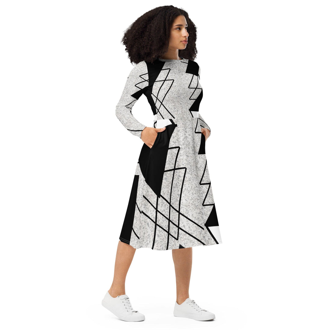 Womens Long Sleeve Midi Dress Black and White Ash Grey Triangular - Womens