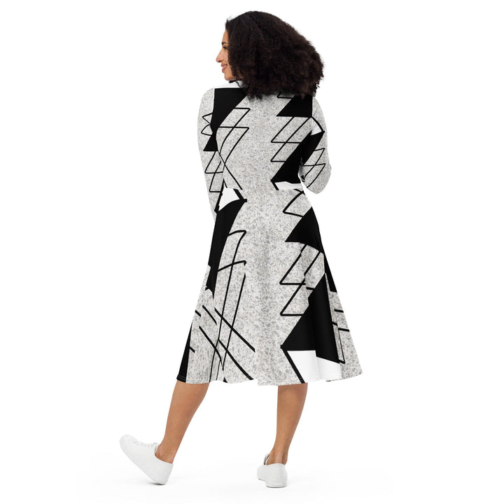 Womens Long Sleeve Midi Dress Black and White Ash Grey Triangular - Womens