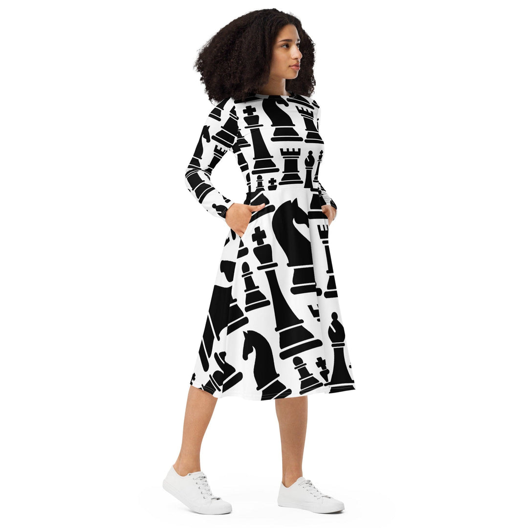 Womens Long Sleeve Midi Dress Black and White Chess Print - Womens | Dresses