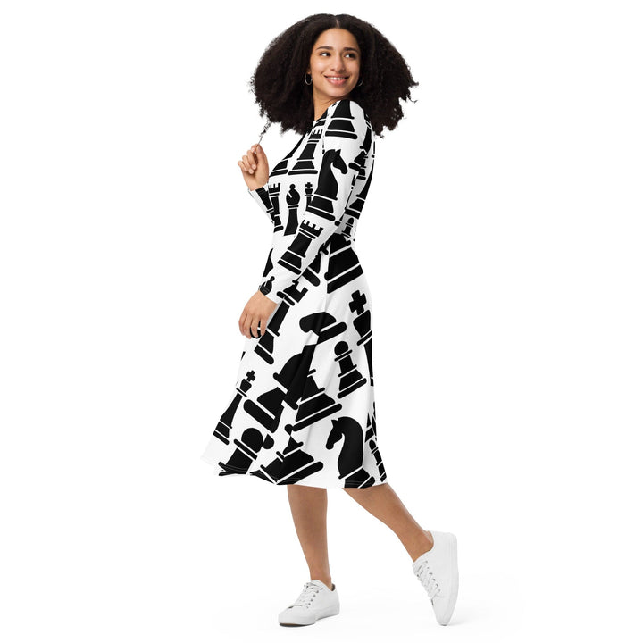 Womens Long Sleeve Midi Dress Black and White Chess Print - Womens | Dresses