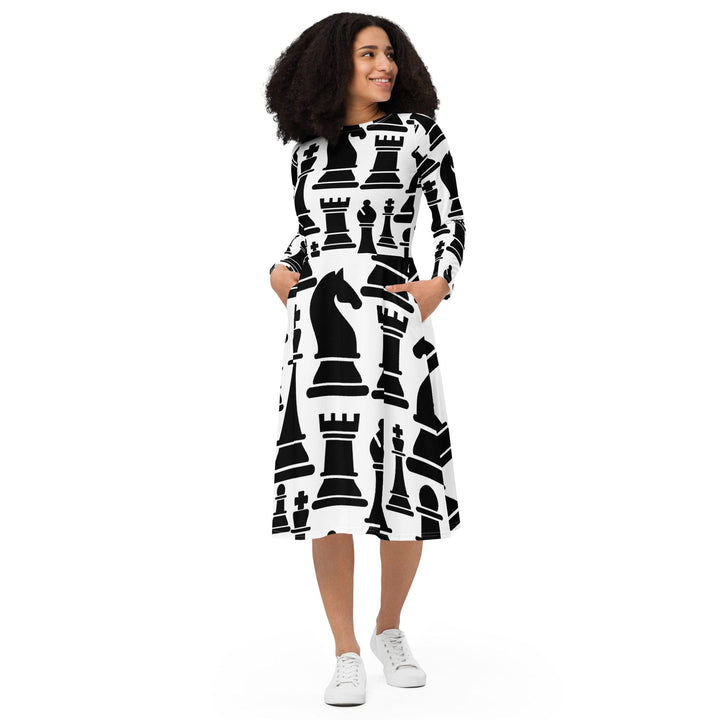 Womens Long Sleeve Midi Dress Black and White Chess Print - Womens | Dresses