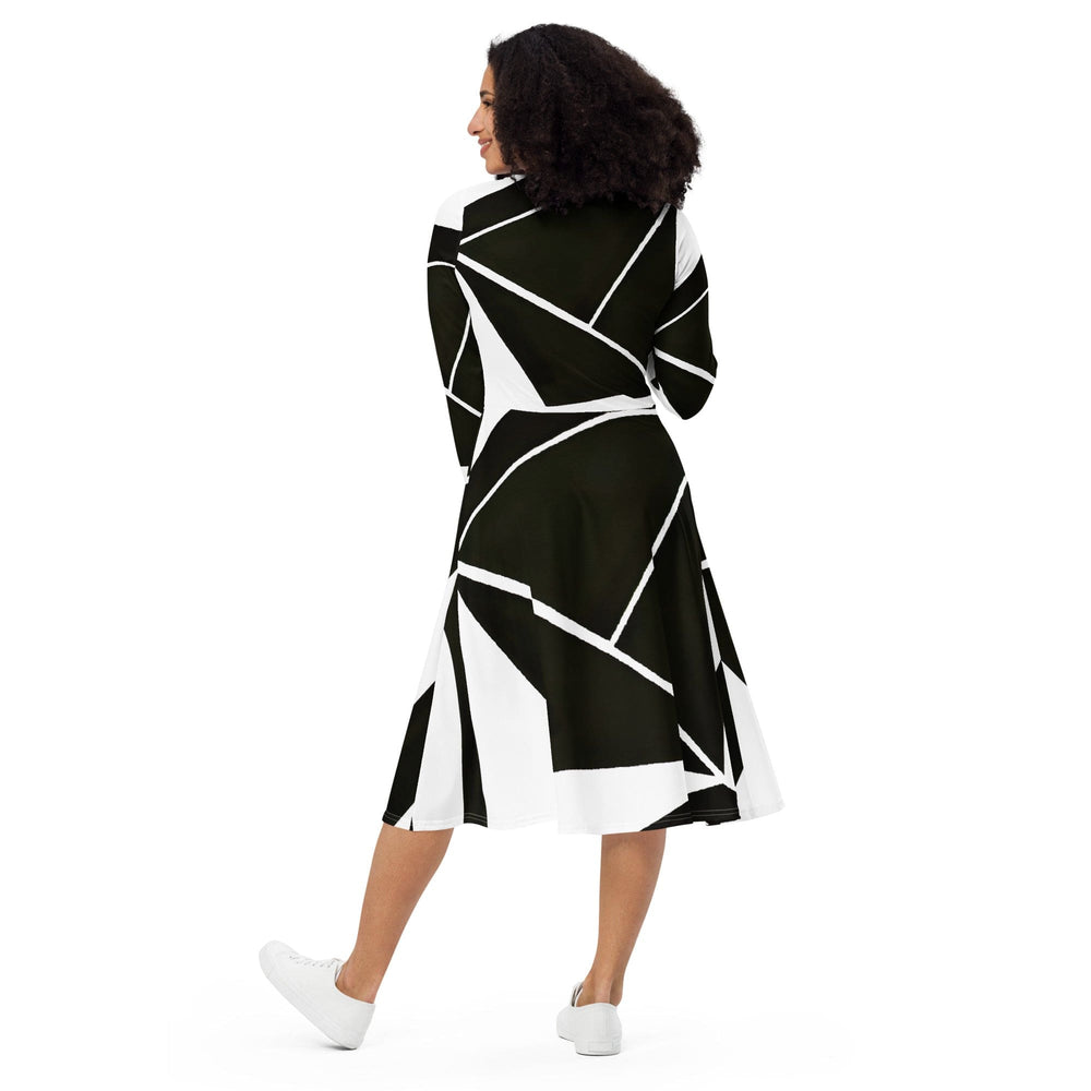 Womens Long Sleeve Midi Dress Black and White Geometric Pattern - Womens