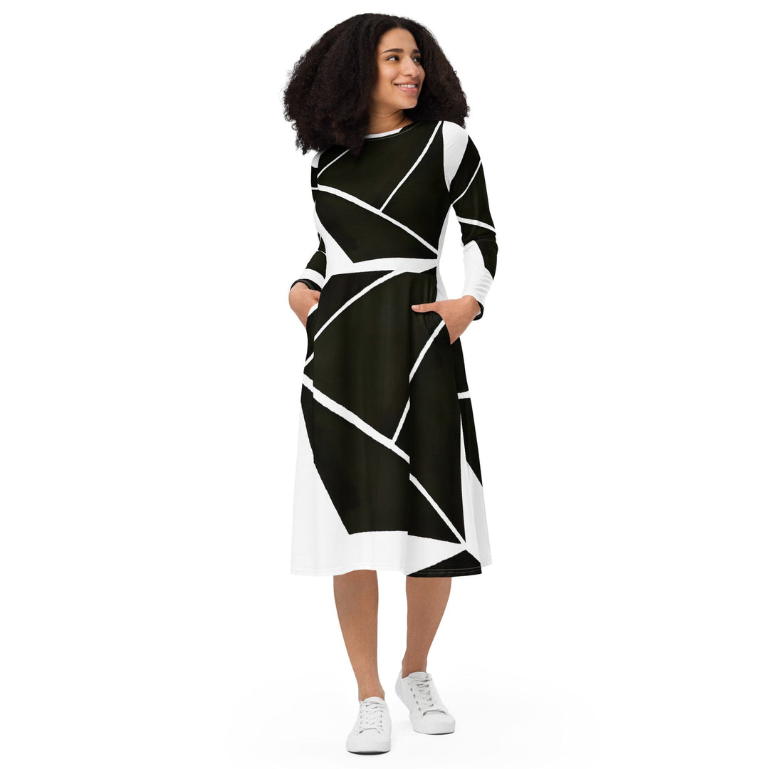 Womens Long Sleeve Midi Dress Black and White Geometric Pattern - Womens