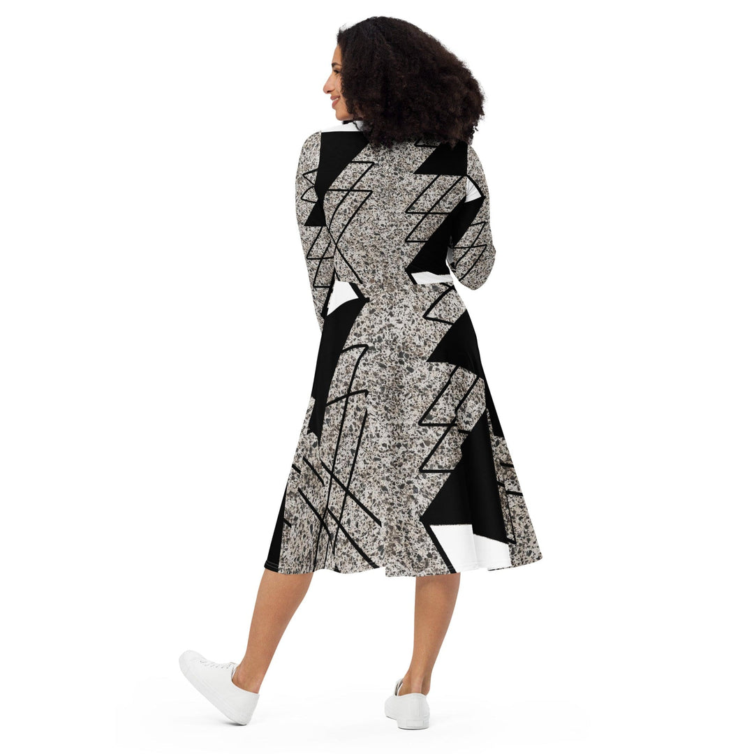 Womens Long Sleeve Midi Dress Black and White Triangular Colorblock - Womens