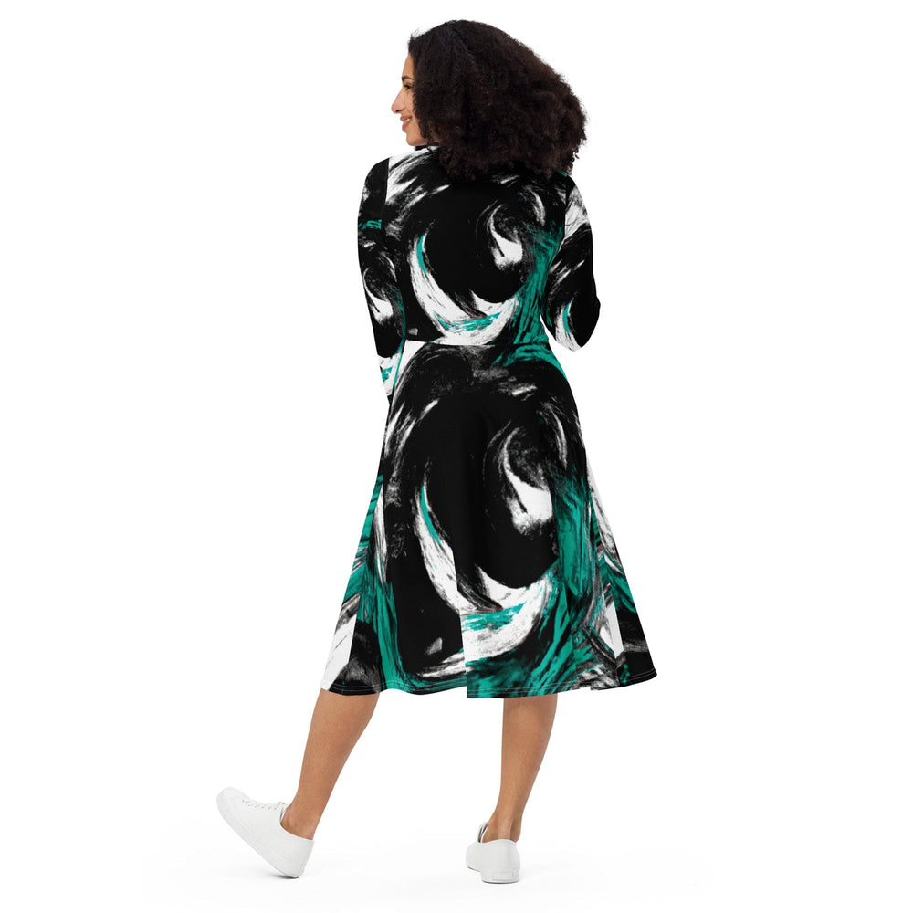 Womens Long Sleeve Midi Dress Black Green White Abstract Pattern - Womens