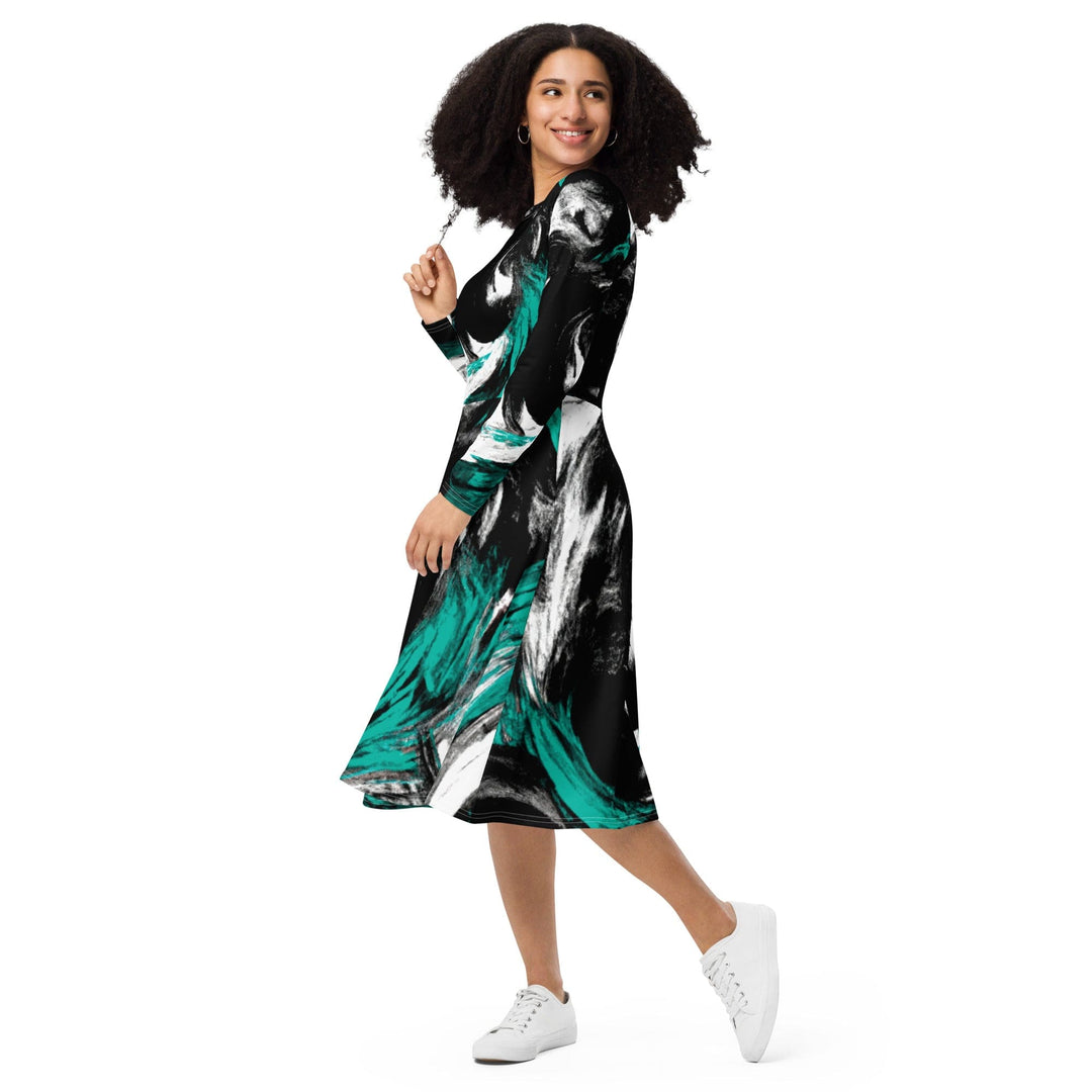 Womens Long Sleeve Midi Dress Black Green White Abstract Pattern - Womens