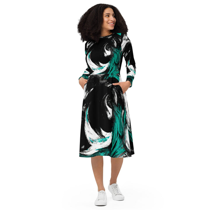 Womens Long Sleeve Midi Dress Black Green White Abstract Pattern - Womens