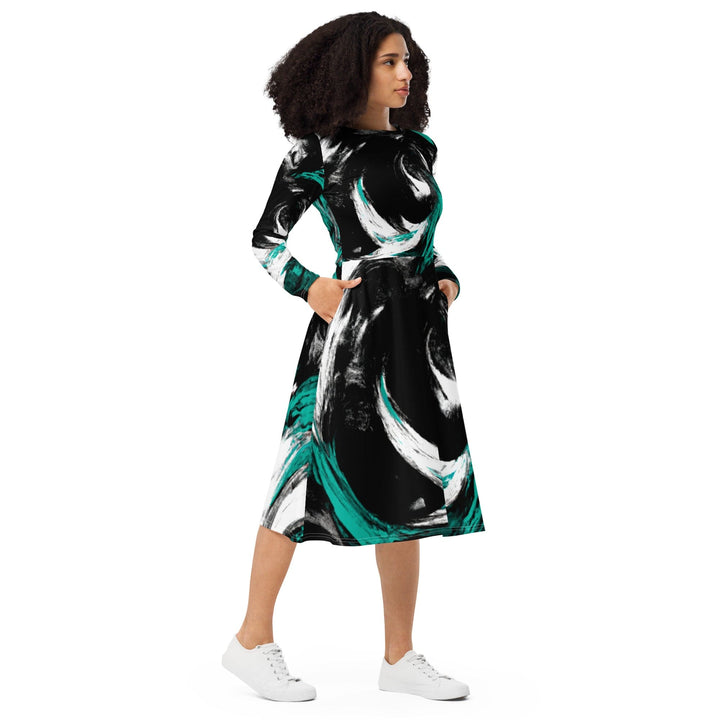 Womens Long Sleeve Midi Dress Black Green White Abstract Pattern - Womens