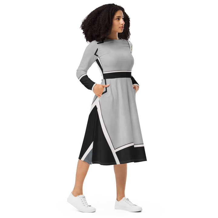 Womens Long Sleeve Midi Dress Black Grey Abstract Pattern - Womens | Dresses