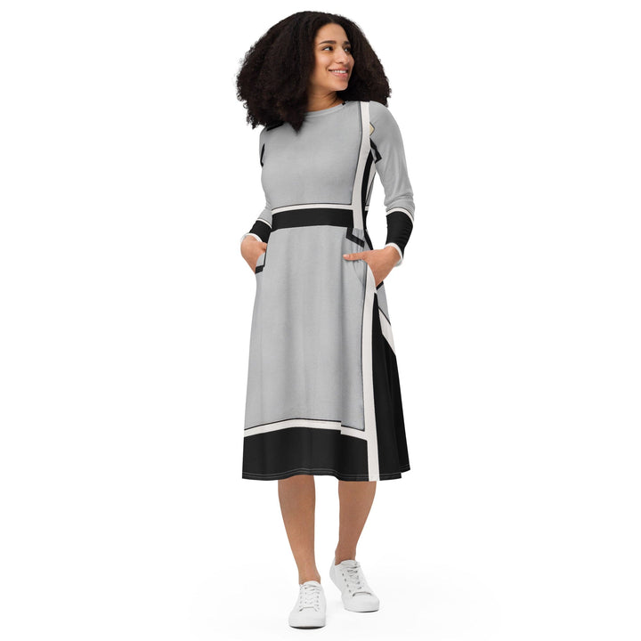 Womens Long Sleeve Midi Dress Black Grey Abstract Pattern - Womens | Dresses