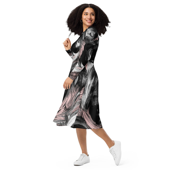 Womens Long Sleeve Midi Dress Black Pink White Abstract Pattern - Womens